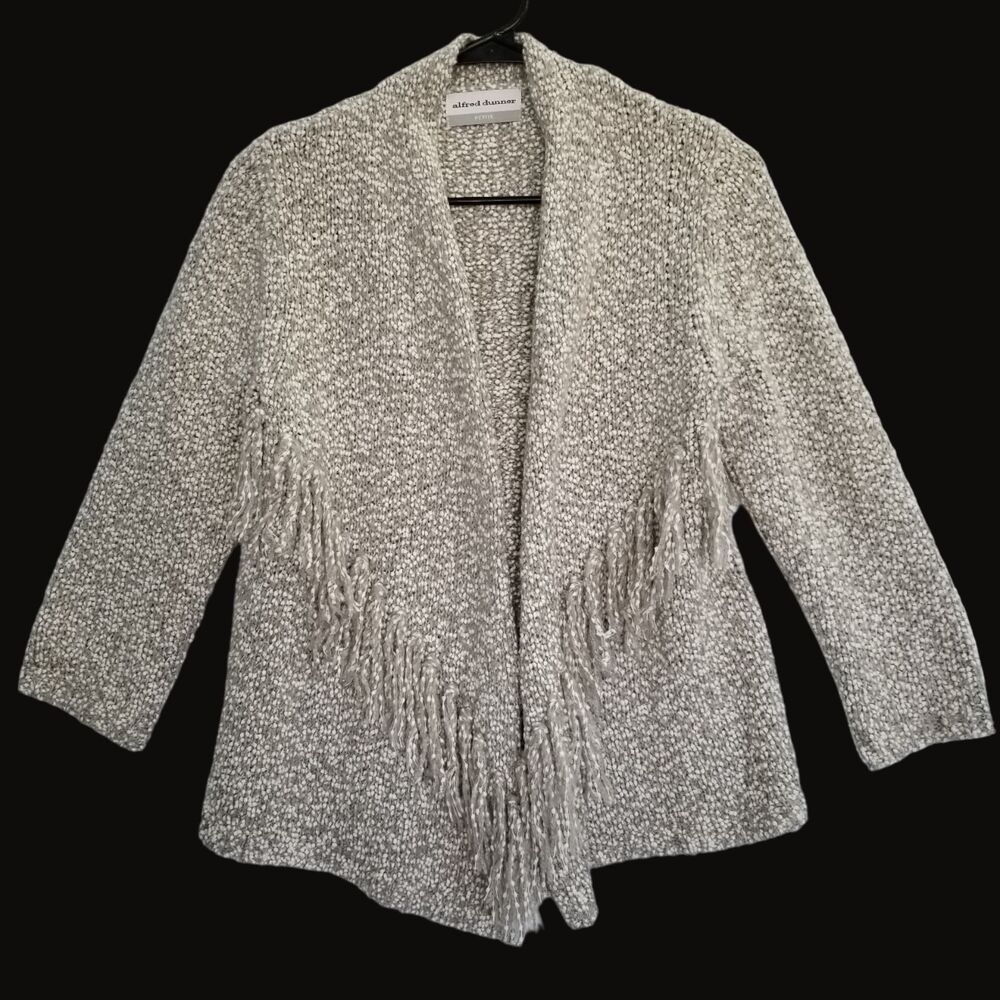 Alfred Dunner Fringe Cardigan Sweater Gray Multi Color Women's P Medium